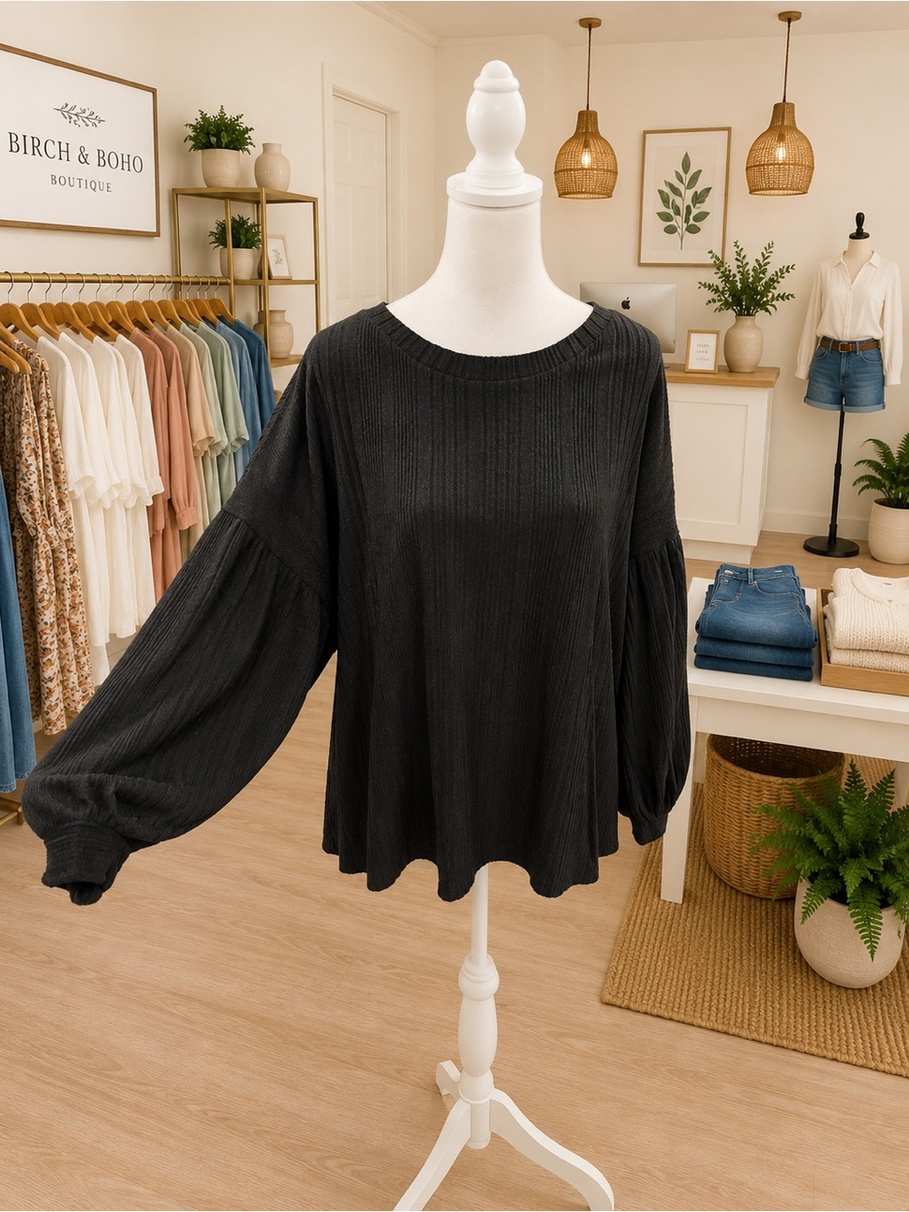 Umgee Black Textured Balloon Sleeve Top NWT Oversized Boutique Blouse S-L